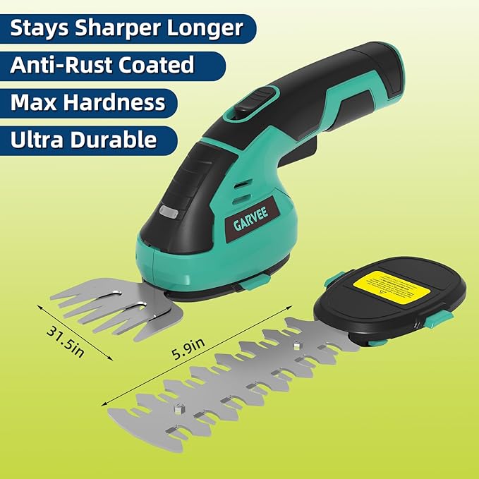 Garvee Cordless Hedge Trimmer - Small Garden 2 in 1 Handheld 7.2V Electric Grass Shears/Grass Cutter Rechargeable Lithium-Ion 2.0 Ah Battery and Type-C Cable Included Shrubbery Trimmer