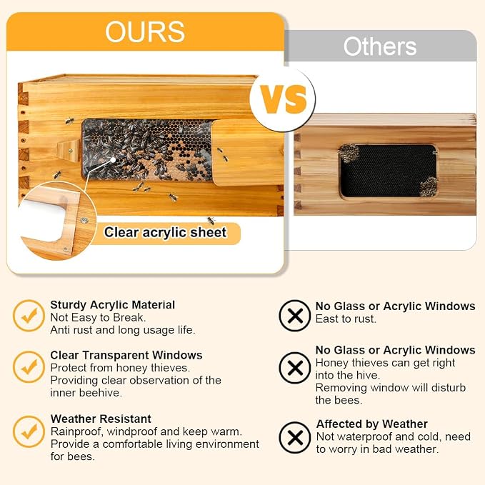 BeeCastle 10-Frame Langstroth Beehive with Windows, Beeswaxed Coated Bee Hive for Beginners with Beehive Frames and Waxed Foundations (2 Deep Bee Boxes & 1 Medium Super Bee Box)