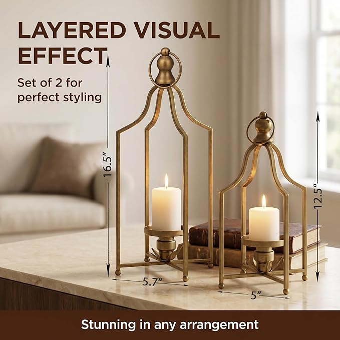 12.5" & 16.5" Timeless Cozy Decorative Lanterns Set of 2, Handcrafted Metal Iron Candle Holders, Farmhouse Elegance Fireplace Mantel Table Festive Gatherings Decor (Antique Gold)