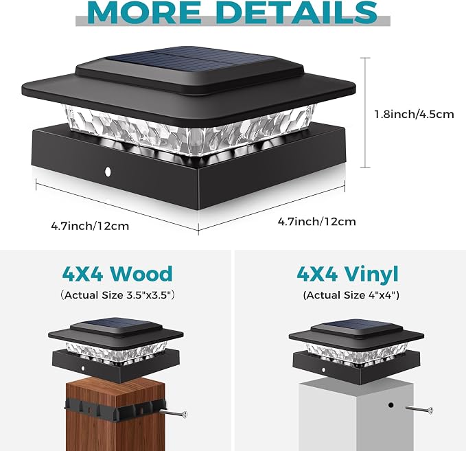 kolpop 4x4 Solar Post Cap Lights Outdoor 2Pack- 3 Color Temperatures& 2 Level Brightness, IP65 Waterproof, 16 LED Black Fence Deck Post Light Solar Powered Only for 4×4/3.5×3.5 Wood/Vinyl Posts