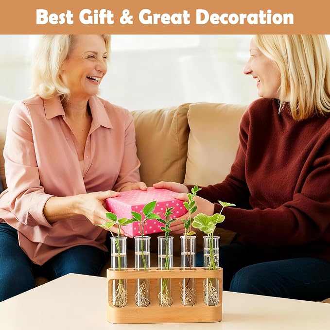 Tigvio Plant Propagation Station with 9-Level Dimmable LED Light, 5 Glass Test Tube Vases, Wooden Stand for Hydroponic Plants, Gardening Gift for Women & Plant Lovers, Desktop Terrarium & Home Decor