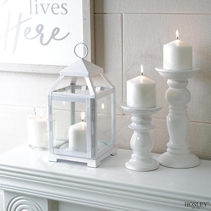 Hosley Set of 2 Clear Glass and Iron White Color Farmhouse Classic Style Lantern 12 Inch High Ideal Gift for Weddings Bridals Special Occasions Parties Aromatherapy and Spa Settings O4