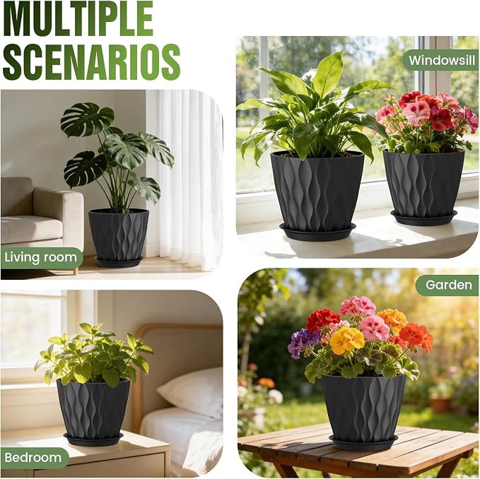 8 Inch Wave Plant Pots with Drainage Holes & Saucers, 4 Pack Modern Textured Medium Planters for Indoor Outdoor Plants, Decorative Flower Pots Repotting Set for Flowers, Herbs (Black)