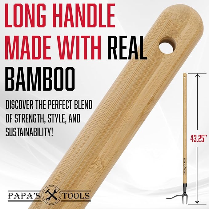 Papa's Tools One-Piece Weed Puller Tool, Stand Up Weeder with Heavy Duty Solid Bamboo Handle, Ultra-Durable 4-Claw Steel Head, 43.5” Fully Assembled Long Handle Weed Remover for Lawn & Garden
