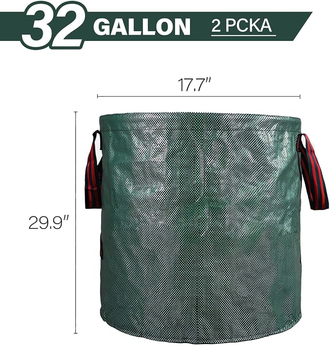 2 Pack 32 Gallon Reusable Yard Waste Bags, Collapsible Heavy Duty Leaf Bags, Lawn and Leaf Garden Bags with 4 Handles, Camping Yard Recycling Bin for Debris Leaves Grass Clippings