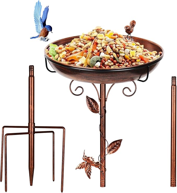 Bird Bath for Outside, 2 Bird Decor, Hummingbird on Pole & Sparrow on Bowl, 38.5 Inch Height Garden Birdbaths, 12 Inch Antique Bronze Freestanding Birdfeeder Bath for Yard Patio