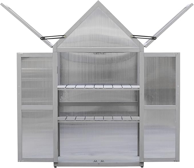 GDFStudio Mini Greenhouse Kit with Adjustable Shelves, Small Outdoor Green House Plant Stand with Adjustable Roof Panels and Wall Brackets Garden & Patio Accessories for Garden Patio Indoor Use, Gray