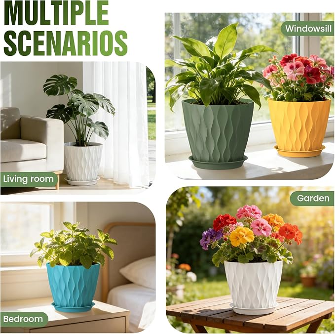 8 Inch Wave Plant Pots with Drainage Holes & Saucers, 4 Pack Modern Textured Medium Planters for Indoor Outdoor Plants, Decorative Flower Pots Set for Flowers, Herbs (Multicolor)