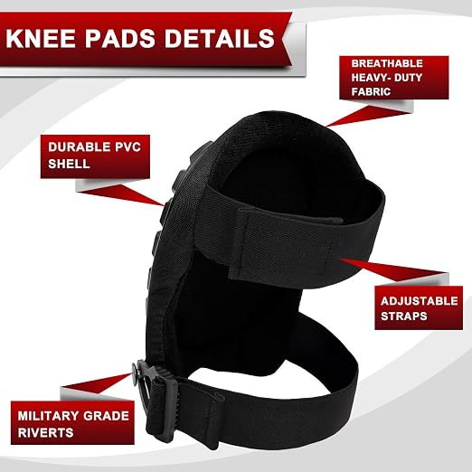 Professional Knee Pads for Work Construction with Heavy Duty Cap Foam Padding Gel Cushion Knee Pads for Men, Comfortable Adjustable Strong Strap, Military Grade Rivet for Flooring Gardening, Red