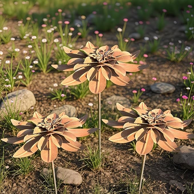 Set of 2 Vintage Rusty Cornflower Statues Stake 12 Inch Metal Artistic Wire Art Decor Rustic Garden Sculptures for Lawns Yard Patio Home Farmhouse Decoration (Bronze) (Brown)