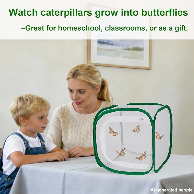 Butterfly Habitat Cage 12" x 12" x 12", Pop-up Butterfly & Insect Habitat Enclosure with Poop Tray for Easy to Clean, Small Foldable & Reusable Caterpillars Mesh Cage Terrarium for Indoor Use.