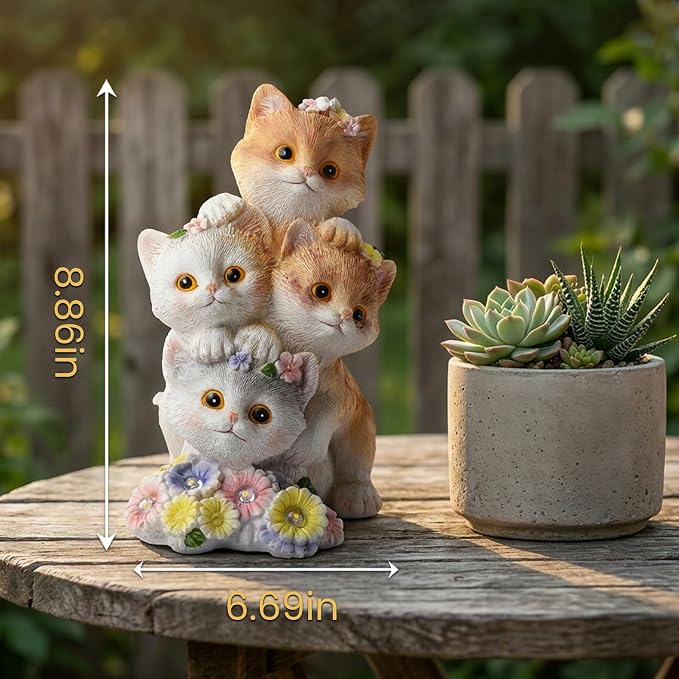 Solar Cat Garden Statues with 6 LED Flower Lights, Stacked Kitten Figurine, Garden Decor for Outside, Birthday Gifts for Women Cats Lovers Mom Grandma