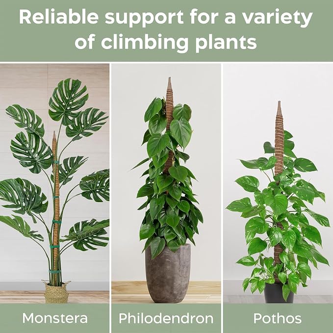 3 Pack 48'' Bendable Moss Pole with Rust-Free Aluminum Core, Sturdy Plant Support Stakes & Jute Rope, Tall Indoor Trellis Sticks for Climbing Houseplants Monstera