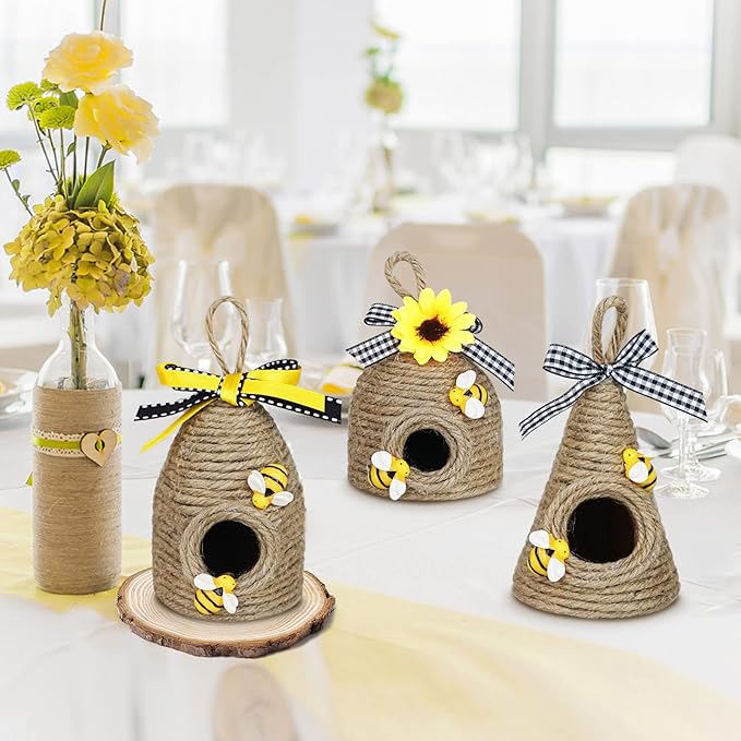 Bee Hive Decor,3 Pack Bumble Bee Rustic Hive,Natural Bee House, Bumble Bee Theme Party Decor Spring Summer Rustic Farmhouse Kitchecn Table Decorations, Honey Bee Tiered Tray Decoration