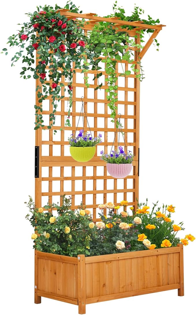 VINGLI Raised Garden Bed with Trellis, Natural Planter Box with Privacy Screen, 72 Inch Tall Wood Garden Boxfor Climbing Plants, Flowers, Herbs, Outdoor Balcony & Patio Decor (Natural)