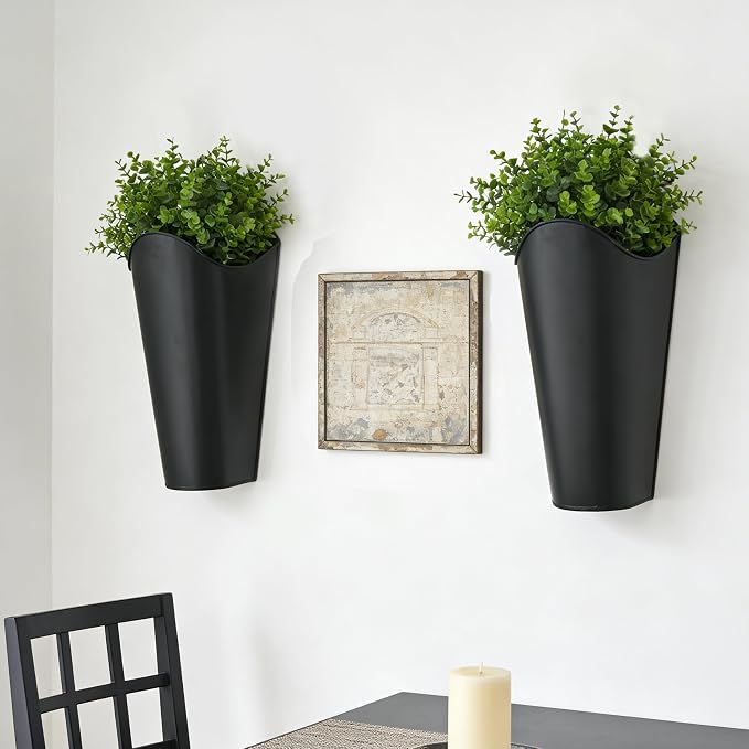 12 Inches Galvanized Wall Planters, Set of 2 - Black Metal Hanging Flower Buckets for Farmhouse Decor, Tall Tin Vases for Dried Flowers & Greenery, Indoor Outdoor Country Decor