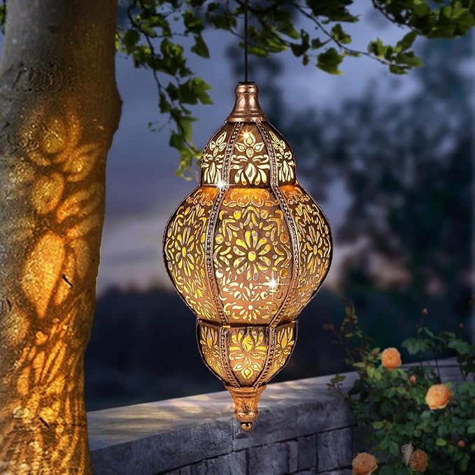 Hanging Solar Lantern Outdoor Decor 2Pack, 9.5In Moroccan LED Lights for Outside Garden Decorations, Waterproof Solar Lanterns Garden Gifts for Mom, Women, Patio, Yard (Copper)