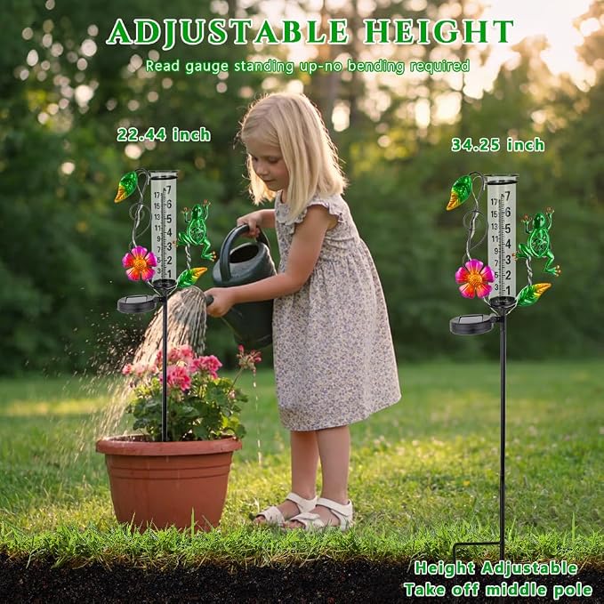 Solar Rain Gauge Outdoor - 7-Inch Glass Tube Frog Design Decorative Weather Gauge for Garden, Yard, Lawn, Patio