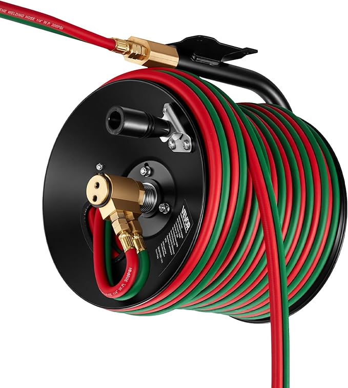 VEVOR Retractable Welding Hose Reel, Hand Crank Manual Rewind Hose Reel with 1/4 Inch x 100FT Twin Oxygen Acetylene Rubber Hose Max 300PSI - T Grade, Ceiling/Wall Mount Steel Reel for Workshop Garages