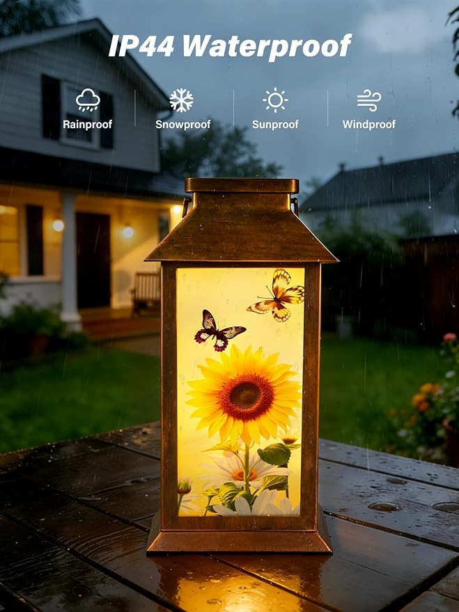 Guhope Birthday Gifts for Women Mom Grandma Men, Solar Lanterns Outdoor Waterproof Hanging Garden Decor with Sunflower Butterfly Pattern Outdoor Solar Lights for Garden Lawn Yard Patio Porch