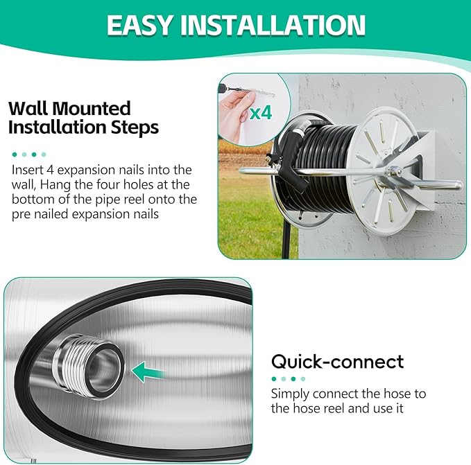SPECILITE Stainless Steel Garden Hose Reel, Portable Outdoor Metal Wall Mount/Floor Spool, Holds 5/8 Inch 75ft Capacity, with 6ft Leader Water Pipe, UV Resistant Yard, Patio