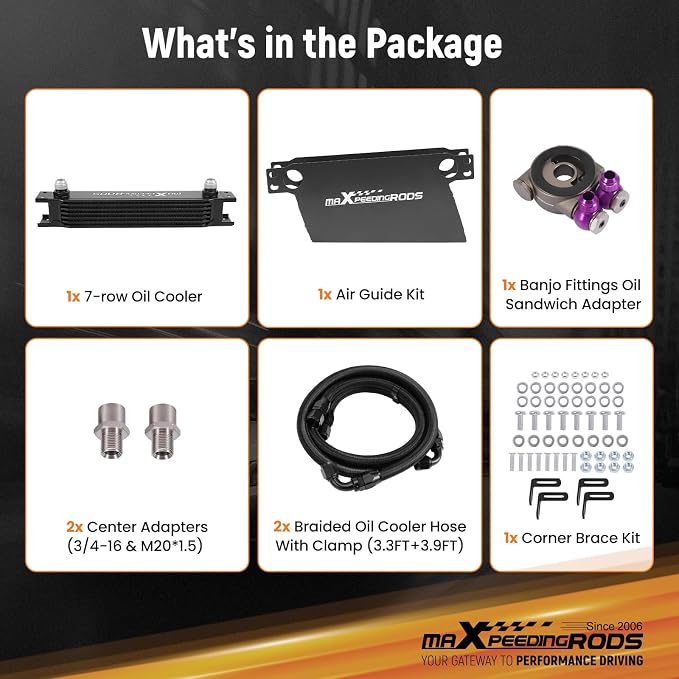 maXpeedingrods 7 Row Oil Cooler Kit, 10AN Transmission Engine Cooler British Radiator Universal Aluminium Black, Banjo Fittings Oil Filter Sandwich Adapter, Air Guide Kit and Oil Cooler Hoses