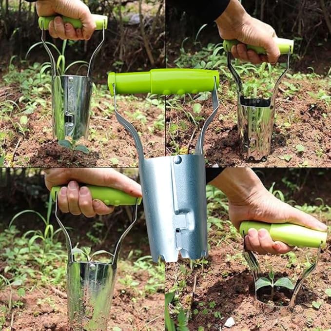 Bulb Planter+Seed Dibber, Light Green PP Handle, Galvanized Steel, Bulb Planter Tool Length 230mm(9.2"), Dibbler Gardening Tool 11.2", Easy Drilling/Transplanting/Planting
