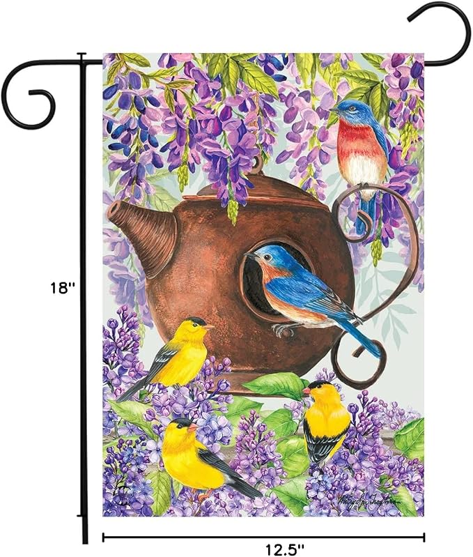 Teapot Birdhouse Spring Garden Flag Goldfinches Floral 12.5"x18" Briarwood Lane