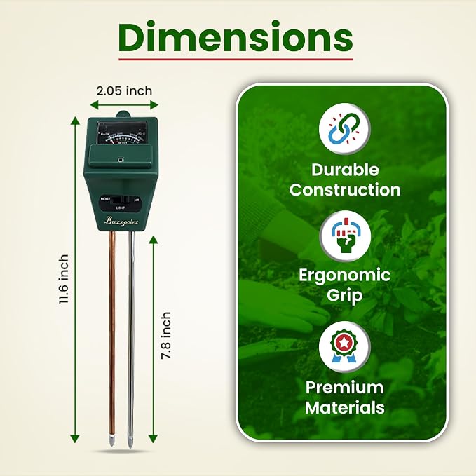 3-in-1 Soil Tester for Moisture, pH & Light – Battery-Free Analog Plant Care Meter with Stainless Steel Probe – for Indoor & Outdoor Gardening, Lawn & Garden Plants