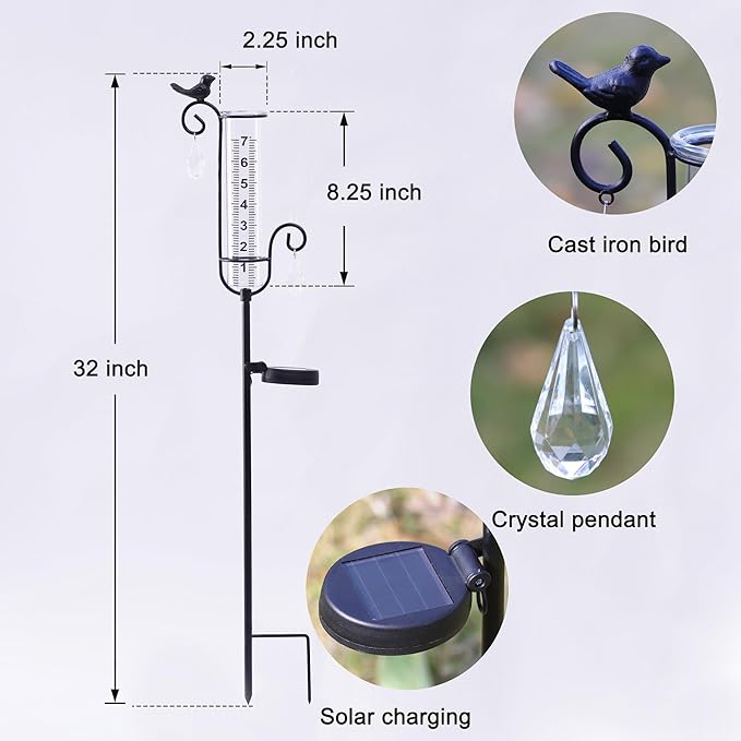 Bird Rain Gauge Outdoor with Solar Led Lights with Two Water Droplet Shaped Crystal Pendants. Bird Rain Gauge Decorative for Yard Garden Patio Lawn. Decorative Garden Yard Decor