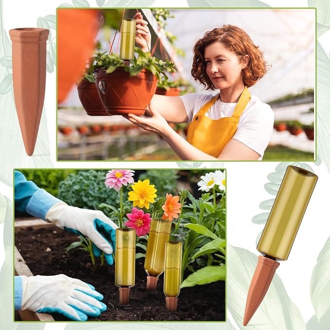6 Pcs 17oz 25oz 34oz Plant Watering Devices 3 Terracotta Self Watering Spikes 3 Plastic Bottles Slow Release Vacation Planter Insert Automatic Water System for Indoor Outdoor Potted Plant