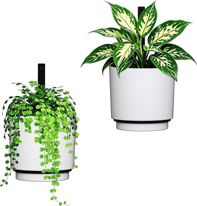 2 Pcs Wall Mounted Hanging Planter Vase for Indoor Outdoor Plants,Modern Metal Wall and Ceiling Hanging Flower Pot with Removable Flower Pot,Minimalist Decor for Herbs Succulents Flowers,5.9Inch,White