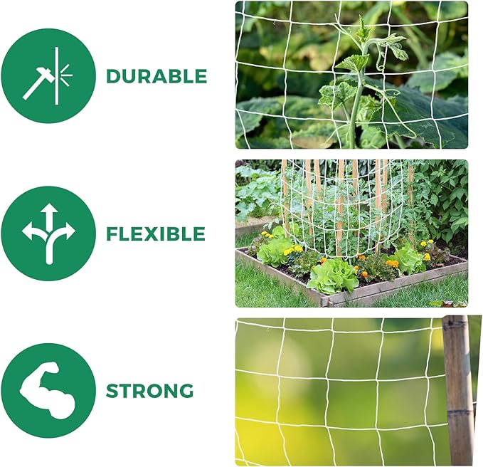 Kikhope Trellis Netting, 5x15 ft Heavy-Duty Polyester Plant Trellis Netting Mesh, Square Mesh Net for Climbing Plant, Fruits, Vegetables, Vines, Grow Tents, White(1 Pack)