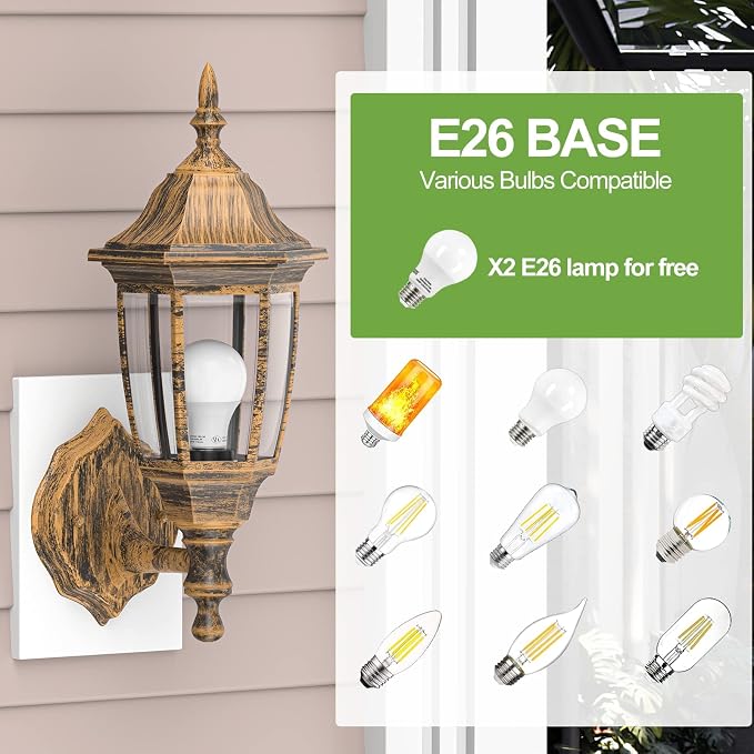 EMART Outdoor Porch Light, Brushed Gold, Anti-Corrosion Plastic Material, Wall Mount Lantern for Backyard, Garage, Front Porch - 2 Pack