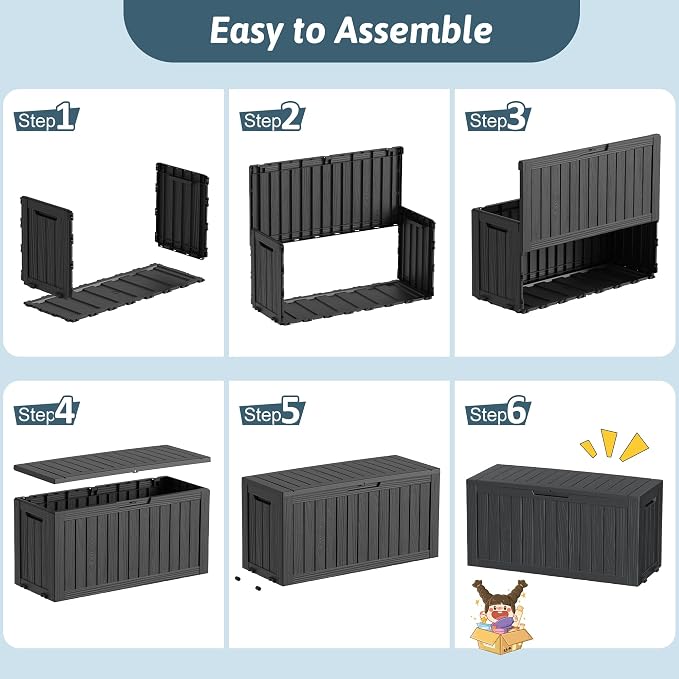 EasyUp 75 Gallon Outdoor Storage Box, Waterproof Compact Resin Deck Box with Wheels, UV-Resistant for Patio Furniture, Outdoor Cushions, Garden Tools and Pool Floats (Black, 75 Gallon)