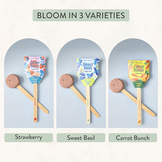 Modern Sprout Seed Pops - Organic Non-GMO Carrot Strawberry & Basil Seeds for Planting - Fun Family Activity - Ideal for Indoor & Outdoor - Playful Gift for Kids Adults and Plant Lovers (Pack of 12)
