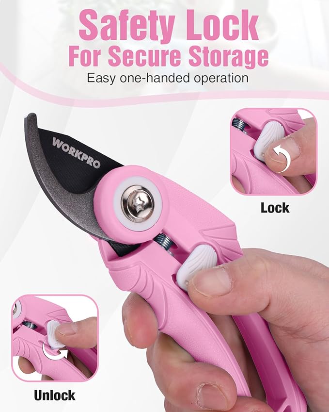 WORKPRO 6.9" Bypass Pruning Shears, Garden Shears with Sharp SK5 Steel Blade, Handheld Garden Floral Clippers Gardening Scissors for Rose, Plants, Flowers, Gardening Gifts for Women & Men-Pink Ribbon