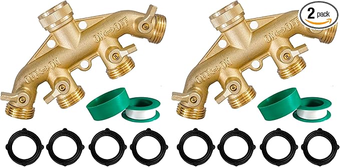 Hourleey Brass Garden Hose Splitter (4 Way), Solid Brass Hose Connector 3/4", Hose Spigot Adapter 4 Valves with 4 Extra Rubber Washers (Pack of 2)