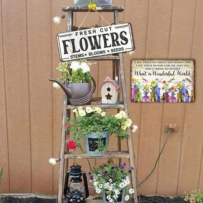 What A Wonderful World Tin Sign Metal Garden Signs For Outside Vintage Flower Market Wall Art Kitchen Metal Tin Sign Flowers I See Trees Of Green Red Roses Too Sign Flower Sign Wall Decor 8x12 Inch