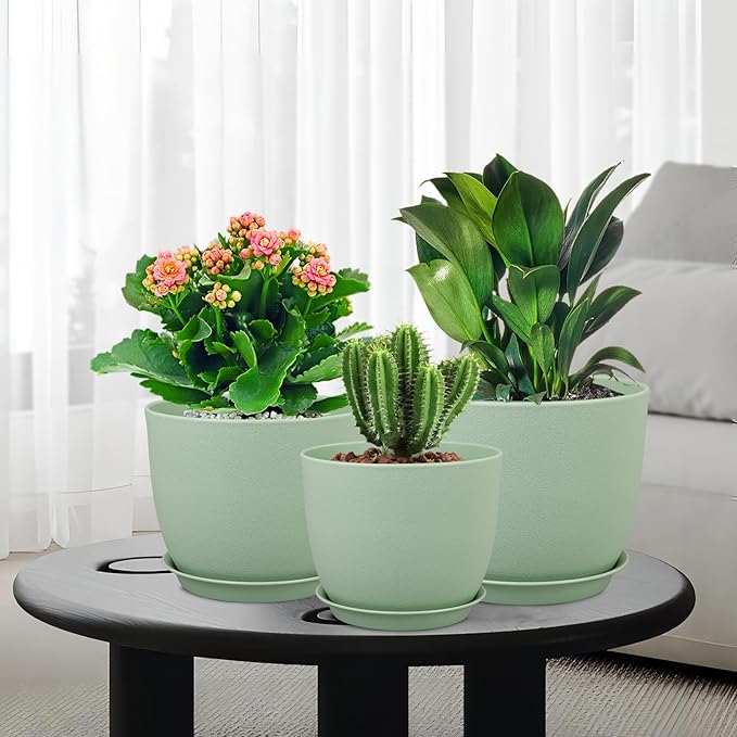 WSMKSZ Flower Pots 9/8/7.5 inch, Plant Pots for Indoor Outdoor Plants, Set of 3 Modern Decorative Plastic Planters with Drainage Holes and Saucers for Garden Porch House Plants, Green