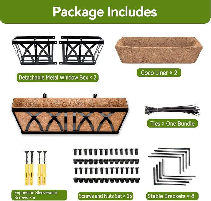 Halatool 24 Inch Railing Planter Box, 2 Pack Window Boxes Planters, Balcony Flower Boxes with Coco Liner & Adjustable Brackets, Hanging Planter Box for Outdoor Fence, Deck, Porch & Garden