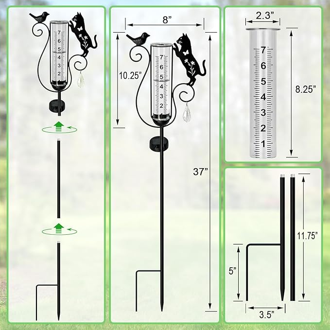 Rain Gauge Outdoor,Decorative Metal Black Cat and Bird Solar Light Stake with Glass Rain Gauges for Yard,Garden,Lawn, Pathway