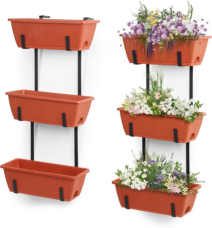 OYEAL Hanging Flower Pots for Railing Fence Outdoor Window Boxes Planter with Adjustable Hooks, Set of 2 Deck Rail Planters with 6 Detachable Plastic Planter Boxes, Drainage Holes, Brick Red