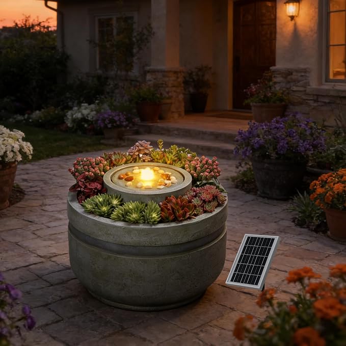 Solar Water Fountain Outdoor Garden Solar Power Fountains with Lights and Built-in Planter,Zen Bubbler Water Feature Outdoor for Outside Patio Yard Home Décor, 23.62" L x 23.62" W x 18" H