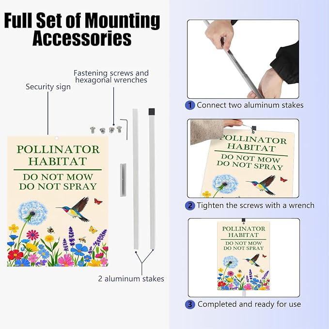Pollinator Habitat Do Not Mow Do Not Spray Wildflower Yard Sign With Stakes Rustproof Reflective Aluminum Pollinator Friendly Garden Bee Butterfly Hummingbird Sign Stand Decorations Outdoor