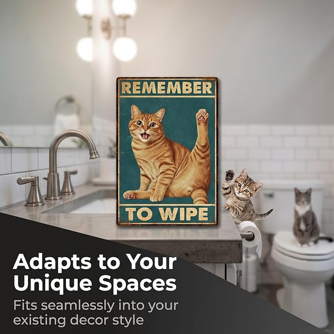 Funny Cat Bathroom Sign Remember To Wipe Tin Signs Orange Tabby Metal Decor Wall Decor For Home Bathroom Toilet Indoor Washroom Restroom Cat Lovers Gifts 12 * 8 In