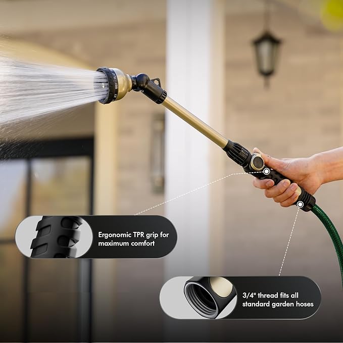 RESTMO Heavy Duty Watering Wand, Metal Garden Hose Wand with 180° Swivel Ratcheting Head, 18-Inch Hose Nozzle Sprayer with 10 Spray Patterns & Thumb Flow Control, Ideal for Hanging Baskets and Shrubs