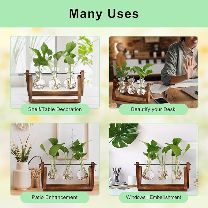 YIBOT Propagation Stations,Plant Terrarium with Wooden Stand-3 Glass Vases | Unique Gardening Birthday Gifts for Women Mom Plant Lovers, Indoor Hydroponics Plants Home Office Garden Desk Decor