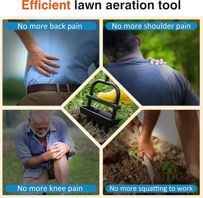 JouZYA Updated Lawn Aerator Tool with Soil Core Collection Tray, Lawn Core Aerator Lawn Tool with 4 Tines Manual Grass Aerator, Spike Lawn Coring Aerator for Yard Lawn Aeration Soil Loosening, Coral