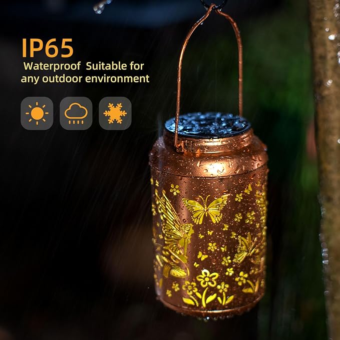 Fairy Solar Lanterns Outdoor Waterproof,Hanging Butterfly Lights Mothers Day Gifts for Women Mom Grandma Hollow Out Metal Lantern Decorative Summer Garden Decor for Patio,Yard,Porch,Pathway